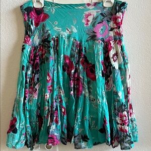 Floral Teal Crinkle Skirt with Pink Accents